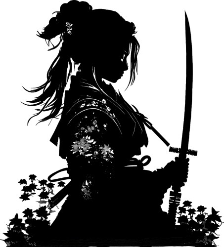 Black silhouette of a girl with sword on grey vector image