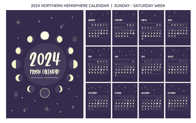 2024 moon calendar northern hemisphere sun-sat vector image