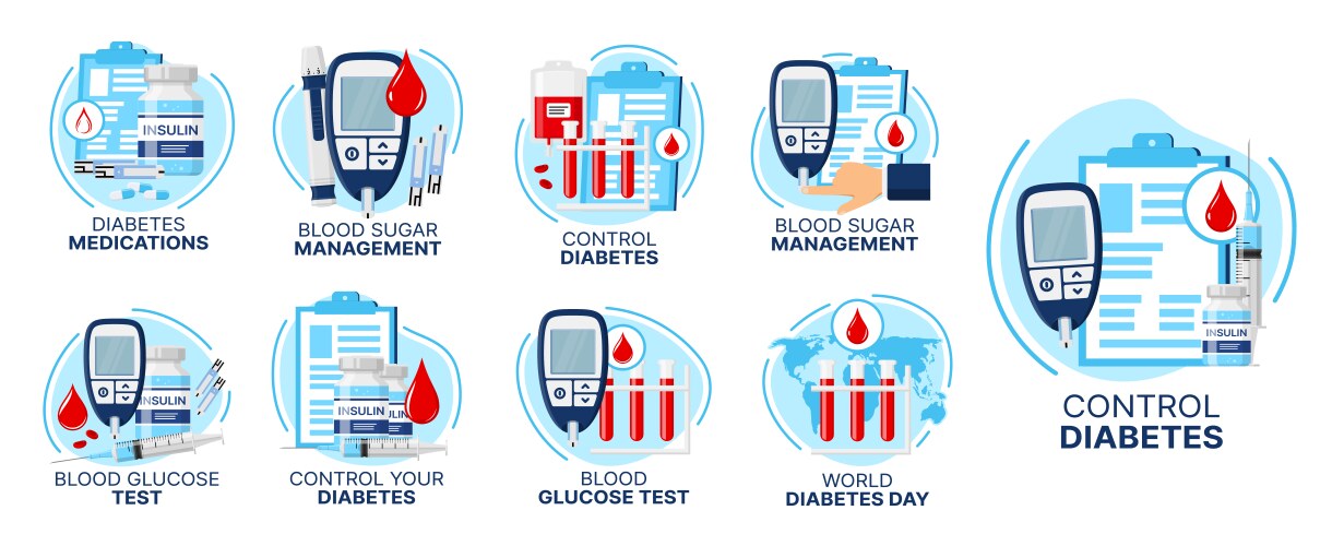 diabetes care icons blood sugar test and insulin vector image