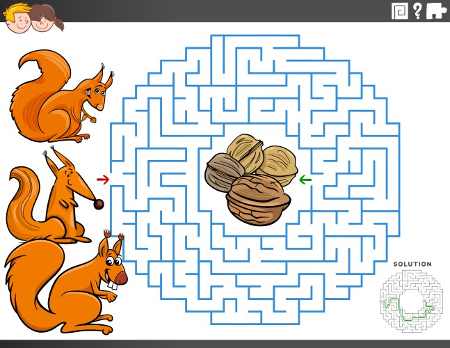 Maze educational game with squirrels and walnuts vector image