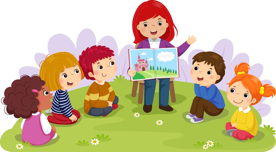 teacher telling story to children in the garden vector