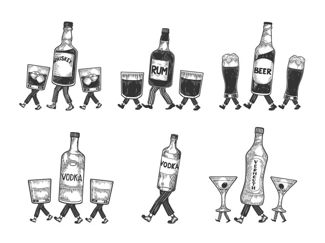 Alcohol walks on its feet sketch engraving vector image