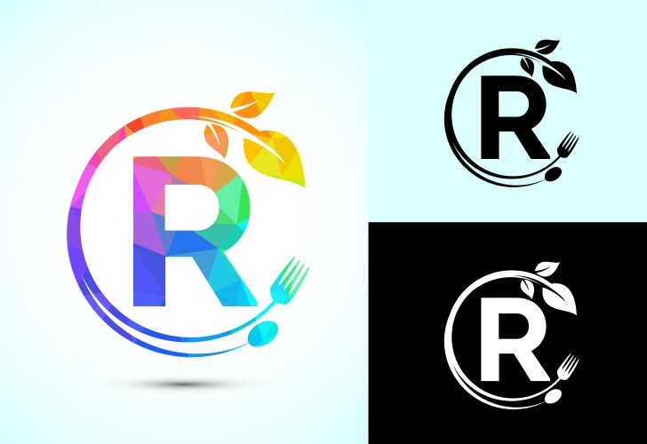 Initial alphabet r with a fork spoon and leaf vector image