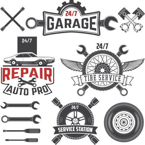 Car service logos vintage labels badges Royalty Free Vector