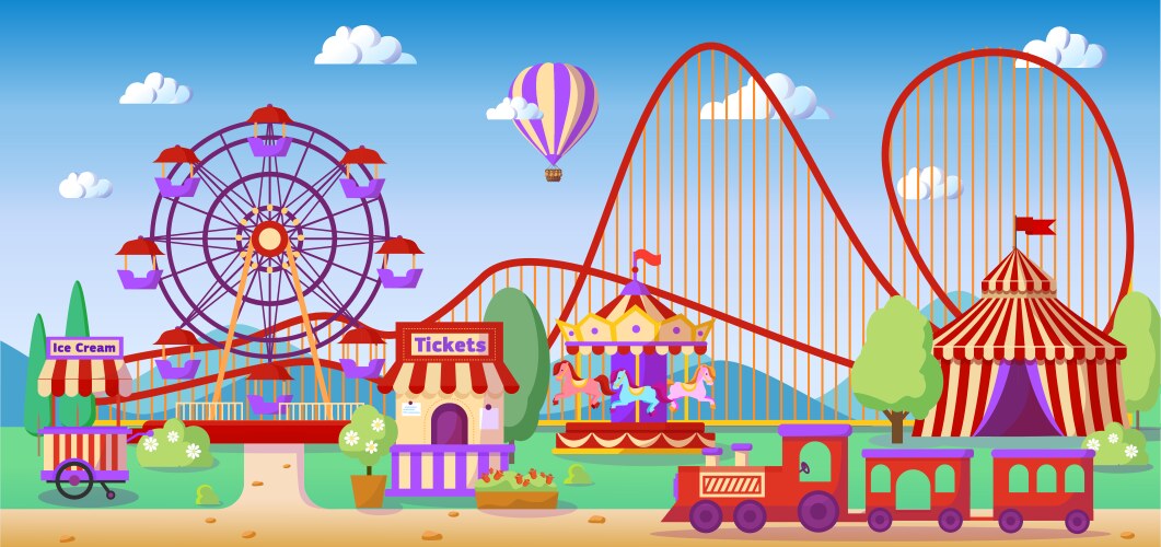 amusement park panoramic landscape roller coaster vector image