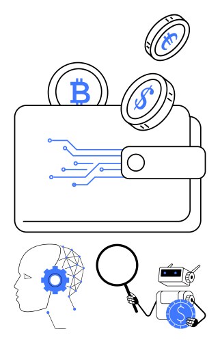 Digital wallet with bitcoin and dollar coins ai vector image