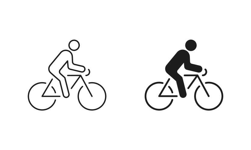 Cyclist on bike line and silhouette icon set Vector Image