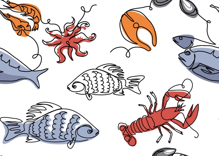 Seafood Line Art Pattern Vector Image