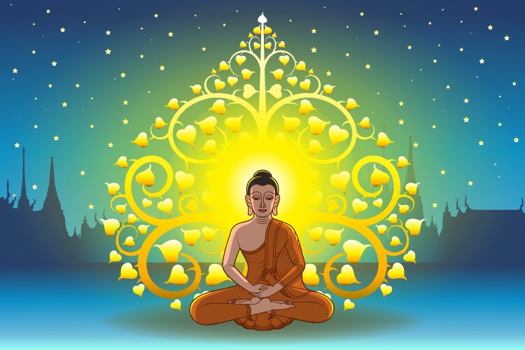 Buddha sit on ground with abstract bodhi tree vector image