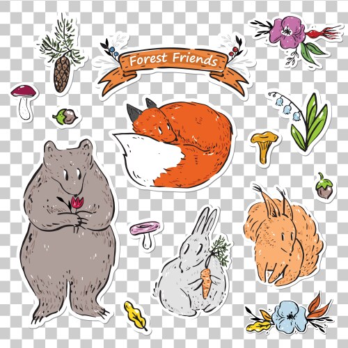 a set stickers with animals from forest vector