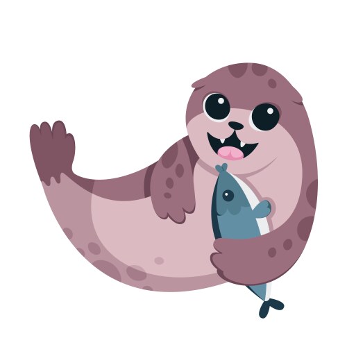 cute baby seal holding fish to eat happy aquatic vector image