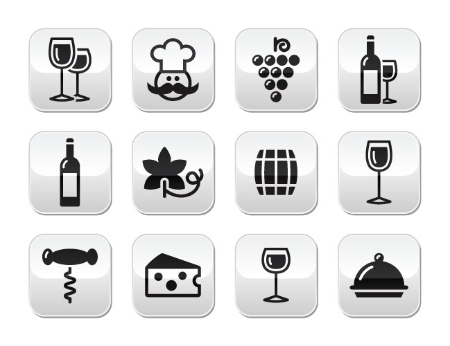 Wine buttons set - glass bottle restaurant food vector image