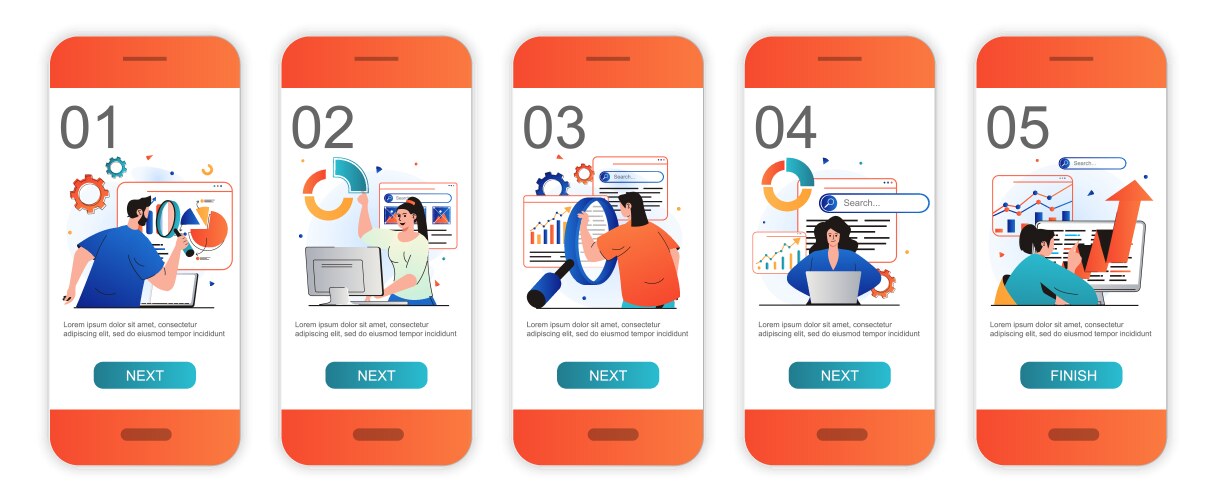 Seo analysis concept onboarding screens for mobile vector image