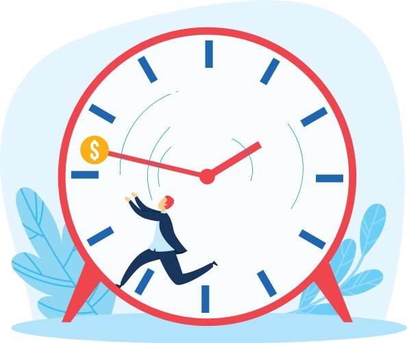 Man running inside giant clock chasing coin vector image