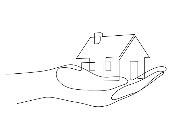 hand holding model house one line drawing vector