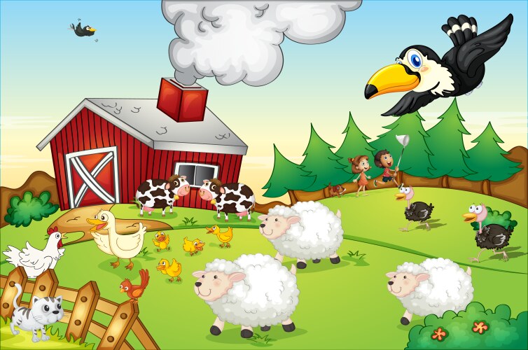Farm scene with farmer and animals Royalty Free Vector Image