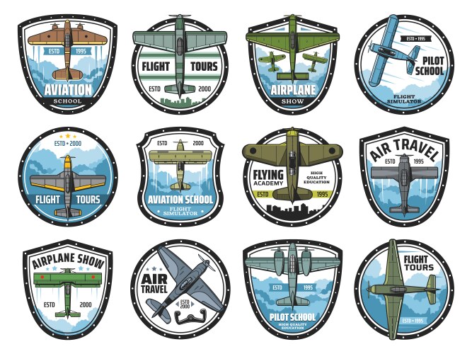 aviation school vintage planes icons vector image vector image