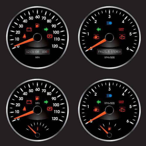 Redvector Speedometer Gold and red speedometer dashboard in retro style Vector Image