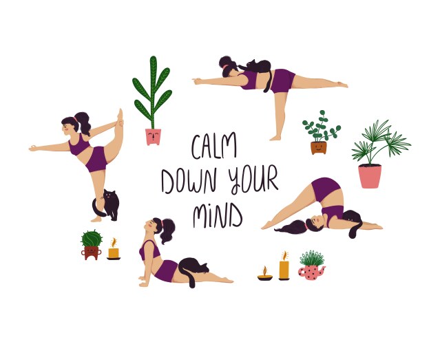 Girl doing yoga poses with cat Vector Image