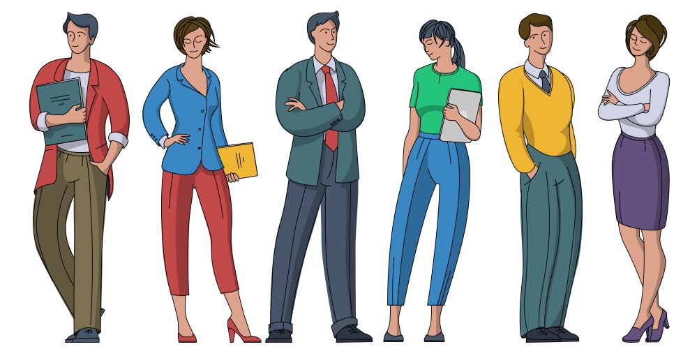 Happy young people standing together and holding Vector Image