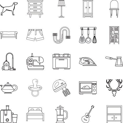 Bedroom Icon Set - Outline Style Vector Image