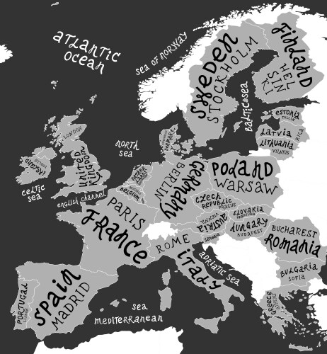 Map europe with hand drawn lettering Royalty Free Vector