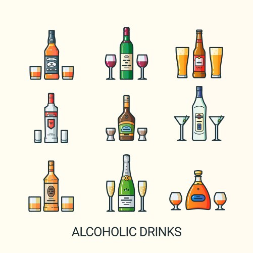 flat line alcoholic drinks icons vector image