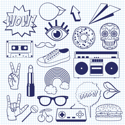 Retro cartoon icons on a squared notebook sheet vector image