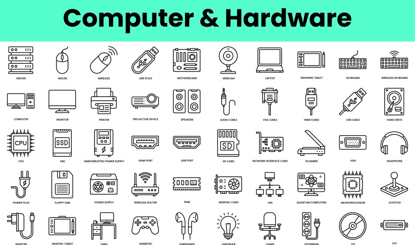 set of computer and hardware icons linear style vector