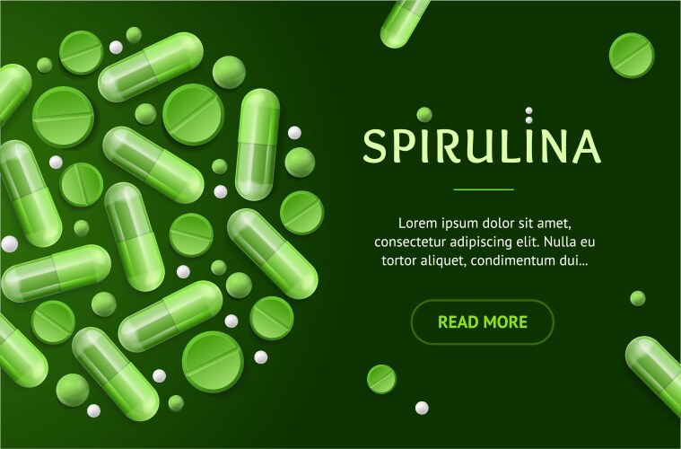 green spirulina pills concept banner horizontal vector