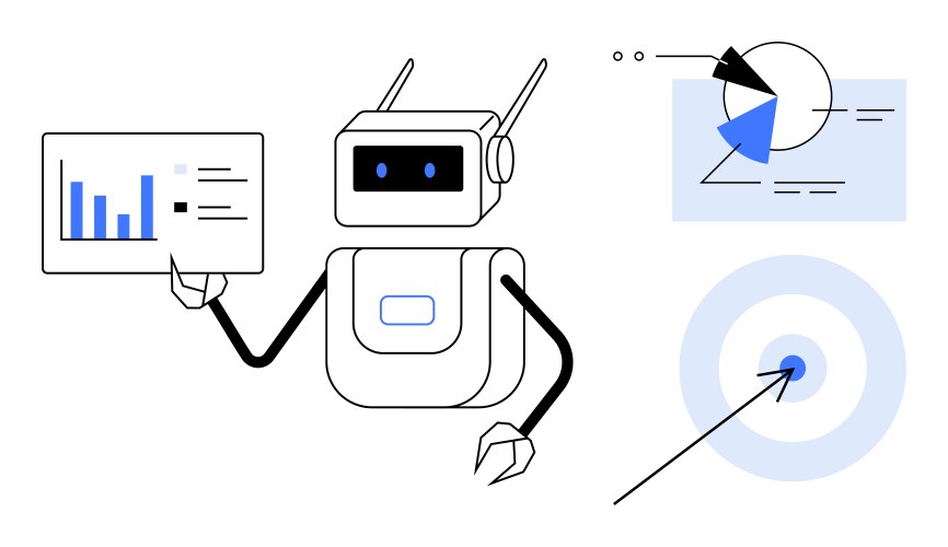 Robot analyzing data using charts and target vector image