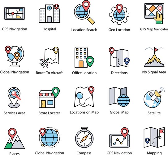 Map &amp; Navigation Icons - Flat Set Vector Image