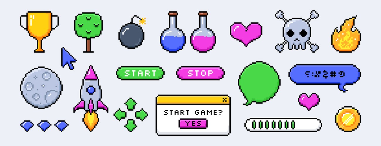 8-bit Arcade UI Buttons & Icons – Royalty-Free Vector | VectorStock
