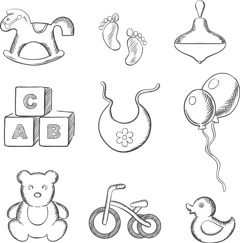 baby and toys sketched icons set vector