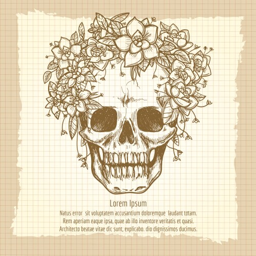 Vintage skull sketch in roses wreath Vector Image