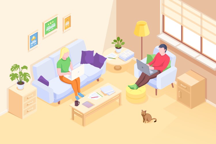 couple working online home freelance isometric vector