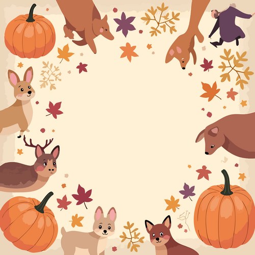 Autumn Cartoon Frame with Pumpkins & Animals Vector Image