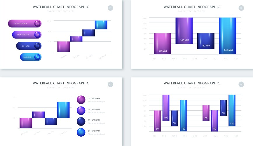 Realistic waterfall chart collection Royalty Free Vector