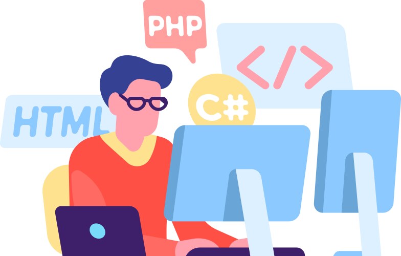 man coding at computer web development engineer vector