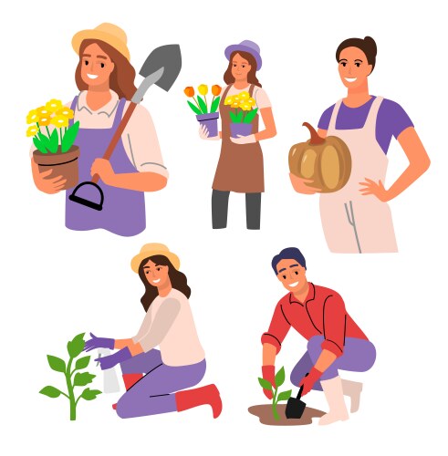 Gardening people set man and woman Vector Image