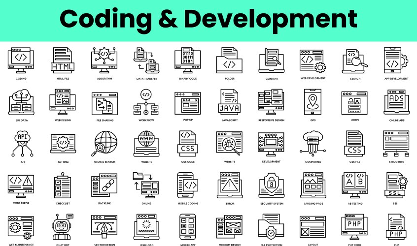 set of coding and development icons linear style vector image