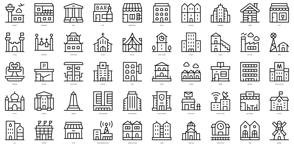 Set of simple outline urban building icons thin vector image