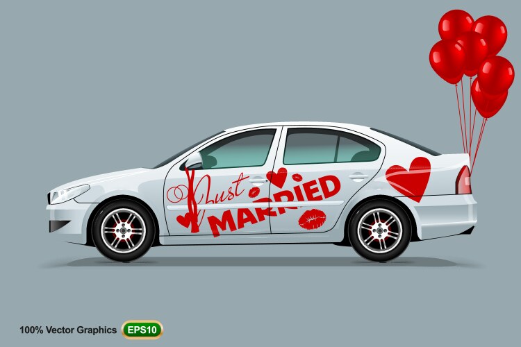 White Car with Red Balloons - Just Married Vector Image