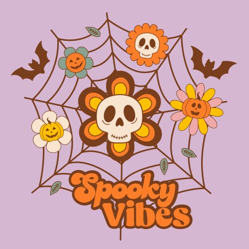 Halloween poster with spiderweb skull flowers Vector Image