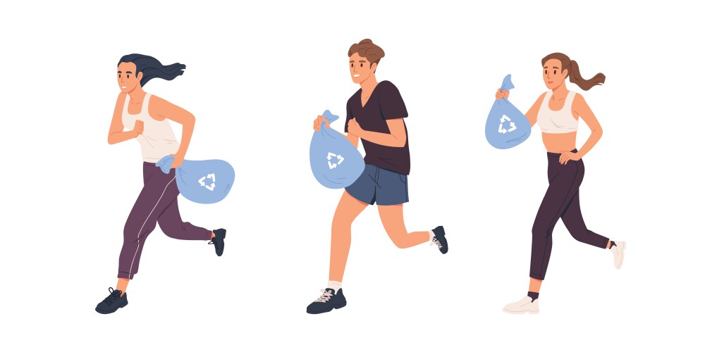 Plogging concept set people running with bags vector image