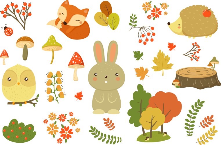 Fall set with cute forest animals in cartoon style