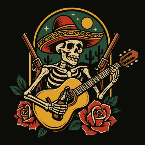 Skeleton playing guitar with sombrero beer Vector Image