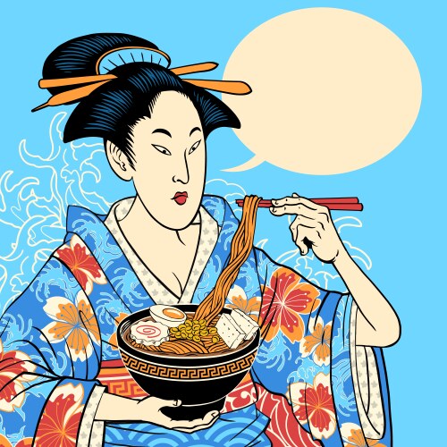 japanese geisha in kimono eating ramen poster vector image vector image