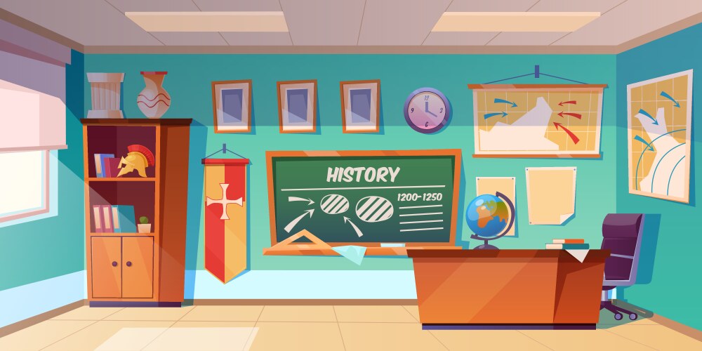 Is the history class in room b. Cartoon classic room wall. classic room wall. study room cartoon.