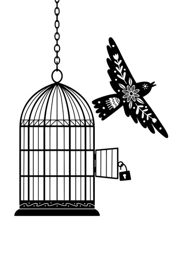 Bird and cage silhouette drawing black on white Vector Image